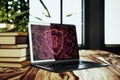 Laptop with glowing shield and keyhole icon on the screen on a wooden table with books, concept of cybersecurity and data
