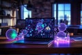 Laptop with glowing social network interface on table. 3d rendering Royalty Free Stock Photo