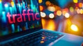 A Laptop Glows With Traffic Data in a Cityscape