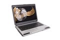 Laptop with golden curly ribbon and ball Royalty Free Stock Photo