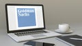 Laptop with The Goldman Sachs Group, Inc. logo on the screen. Modern workplace conceptual editorial 3D rendering