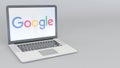 Laptop with Google logo. Computer technology conceptual editorial 3D rendering