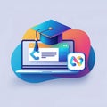 Laptop with Graduation Cap and Coding Icon on Abstract Background computer mortarboard Royalty Free Stock Photo