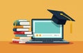 Laptop with graduation cap, stack of books signifies online education. Digital learning, remote study, e-learning courses, Royalty Free Stock Photo