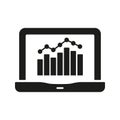 Laptop With Graphs Solid Icon. Data Analysis, Business Analytics, And Performance Tracking Silhouette Symbol. Financial