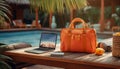 Laptop and handbag are sitting on a wooden table next to a swimming pool, AI-generated.