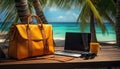 Laptop and handbag are sitting on a wooden table next to a swimming pool, AI-generated.