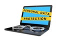 Laptop with Handcuffs and Personal Data Protection Tape Sign. 3d Rendering Royalty Free Stock Photo