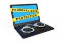 Laptop with Handcuffs and Personal Data Protection Tape Sign. 3d Rendering Royalty Free Stock Photo