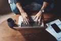 Laptop, hands and top view of man with documents in a living room for finance, review or budget. Above, keyboard and Royalty Free Stock Photo