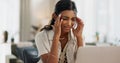 Laptop, headache or stress and a student woman in the living room of her home with study problems. Computer, anxiety or Royalty Free Stock Photo