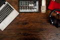 Laptop, headphones, mixer console, microphone Royalty Free Stock Photo