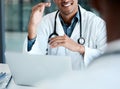 Laptop, healthcare and hands of doctor with stethoscope talking to patient for diagnosis, medical results and report Royalty Free Stock Photo