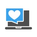 Laptop with heart colored icon. Customer satisfaction, social network activity, positive feedback symbol