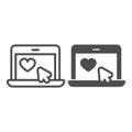 Laptop with heart and mouse pointer, online date line and solid icon, dating concept, internet vector sign on white