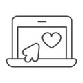 Laptop with heart and mouse pointer, online date thin line icon, dating concept, internet vector sign on white