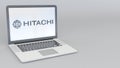Laptop with Hitachi logo. Computer technology conceptual editorial 3D rendering Royalty Free Stock Photo