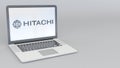 Laptop with Hitachi logo. Computer technology conceptual editorial 3D rendering