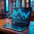 Laptop with holographic financial charts and data visualizations computer technology Royalty Free Stock Photo