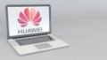 Laptop with Huawei logo. Computer technology conceptual editorial 3D rendering