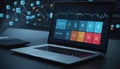 Laptop with icon-based interface and network visualization in background Royalty Free Stock Photo