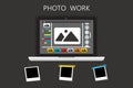 Laptop Icon on black backgroud with photo frame.Photo work ,Photo business. Journalist photographs illustration