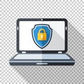 Laptop icon in flat style with a protective shield on a screen o Royalty Free Stock Photo