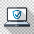 Laptop icon in flat style with security shield on the screen on transparent background Royalty Free Stock Photo