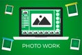 Laptop Icon on green backgroud with palaroid frame.photo work and photo edit concept.