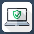 Laptop icon with security shield on the screen and long shadow Royalty Free Stock Photo