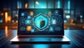 laptop with icons and cyber security data protection, highlighting digital safety and technology Royalty Free Stock Photo