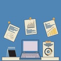 Laptop illustration with graphs charts and calendar. Royalty Free Stock Photo