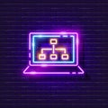 Laptop with an image of data structuring neon sign. Informatics lesson glowing icon. Vector illustration for design. Computer