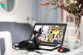 Laptop with image of people participating in video conference closeup