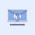 Laptop information locked with chain and padlock. Ransomware line icon design.