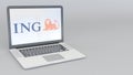 Laptop with ING Group logo. Computer technology conceptual editorial 3D rendering