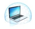 Laptop inside spherical shield - computer security, protection Royalty Free Stock Photo
