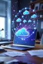 Laptop with Interconnected Cloud Network and Digital Data Visualization computer Royalty Free Stock Photo