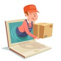 Laptop internet delivery concept box computer monitor cartoon character design vector illustration Royalty Free Stock Photo