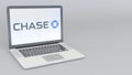 Laptop with JPMorgan Chase Bank logo. Computer technology conceptual editorial 3D rendering