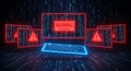 Digital cybersecurity warning message displayed on laptop screen with glowing red and blue alert symbols Royalty Free Stock Photo