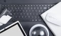 Laptop keyboard, security camera, tablet. Security Royalty Free Stock Photo