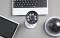 Laptop keyboard, security camera, tablet. Security Royalty Free Stock Photo