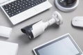 Laptop keyboard, security camera, tablet. Security Royalty Free Stock Photo