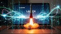 Laptop launching rocket into digital space Royalty Free Stock Photo