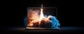 The laptop launching a rocket into a vibrant digital space environment.AI generated image Royalty Free Stock Photo