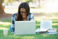Laptop, lawn or happy woman in park with books for learning knowledge, information or education. Smile, textbook or