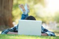 Laptop, lawn or woman in park for elearning with knowledge, information or education. Nature, university learner or