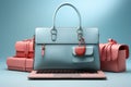 Laptop with leather handbags on blue background. 3d illustration. concept shopping. ia generative Royalty Free Stock Photo