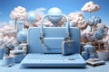 Laptop with leather handbags on blue background. 3d illustration. concept shopping. ia generative Royalty Free Stock Photo